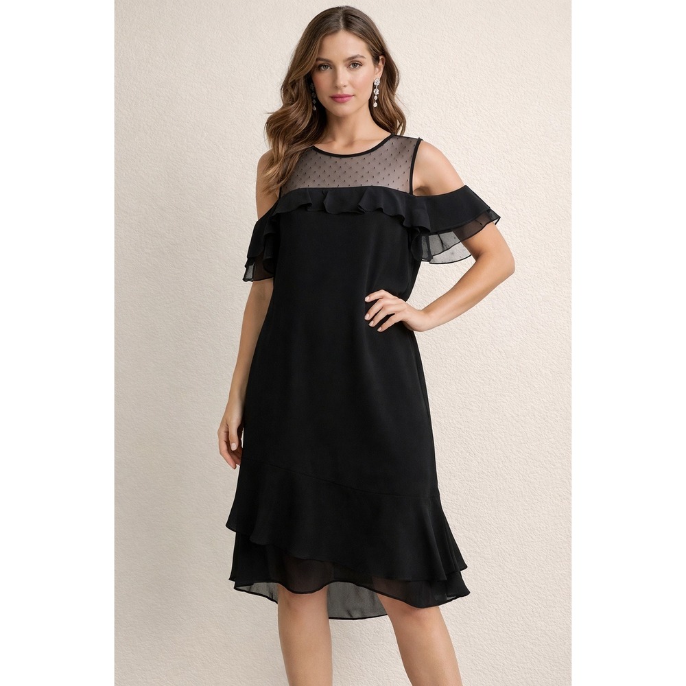 Nanette Lepore Cold Shoulder Dress 6 Black Womens Romantic Swiss Dot Mesh Ruffle